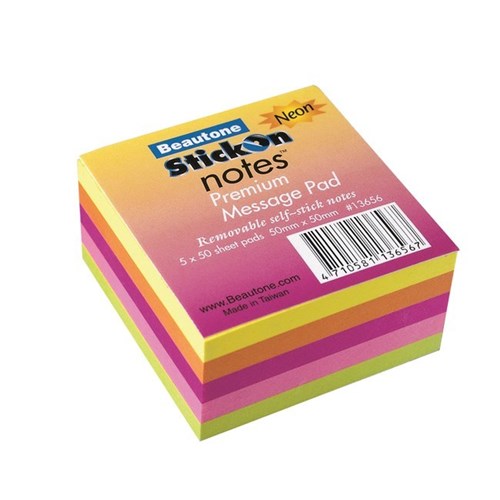 BEAUTONE STICKON NOTES CUBE Mini 50x50 5x50Shts Neon Asst